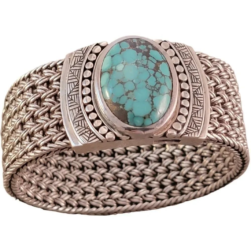 Sterling Heavy Turquoise Wide Woven Chain Toggle Bracelet